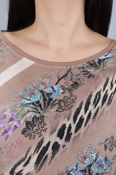 Toptan Bayan Bluz Çiçek Desenli Taş Nakış İşlemeli - 12017 | KAZEE - Thumbnail