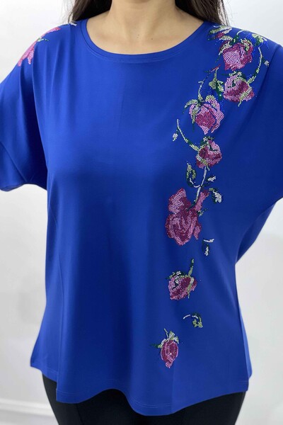 Toptan Bayan Bluz Çiçek Desenli Taş Nakış İşlemeli - 77658 | KAZEE - Thumbnail