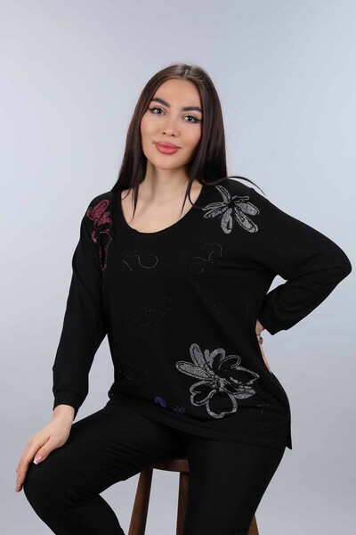 Kazee - Toptan Bayan Bluz Çiçek Desenli Taş Nakış İşlemeli - 77915 | KAZEE