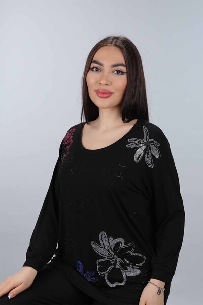 Kazee - Toptan Bayan Bluz Çiçek Desenli Taş Nakış İşlemeli - 77915 | KAZEE (1)