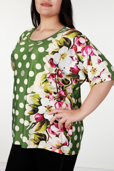 Toptan Bayan Bluz Dijital Puantiye ve Çiçek Desenli - 12049 | KAZEE - Thumbnail
