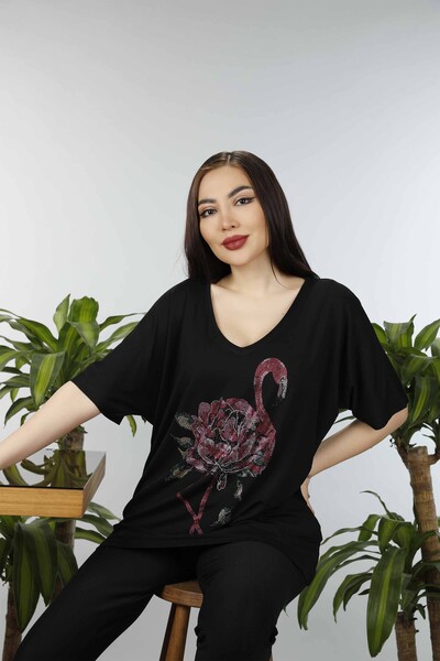 Kazee - Toptan Bayan Bluz Flamingo Desenli Taş İşlemeli- 77507 | KAZEE