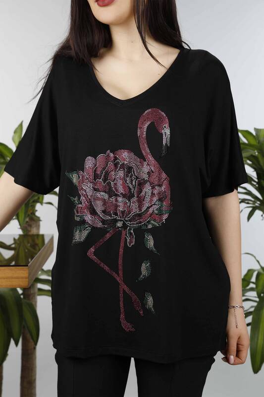 Toptan Bayan Bluz Flamingo Desenli Taş İşlemeli- 77507 | KAZEE