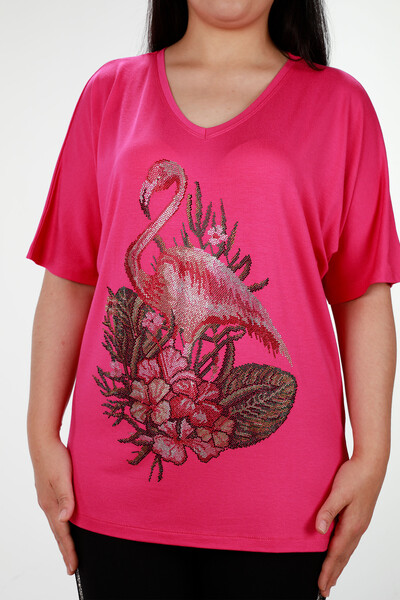 Kazee - Toptan Bayan Bluz Flamingo Detaylı Taş Nakış İşlemeli - 78930 | KAZEE (1)