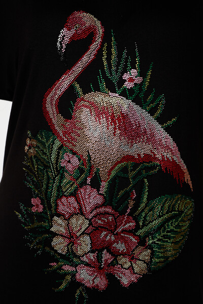 Toptan Bayan Bluz Flamingo Detaylı Taş Nakış İşlemeli - 78930 | KAZEE - Thumbnail