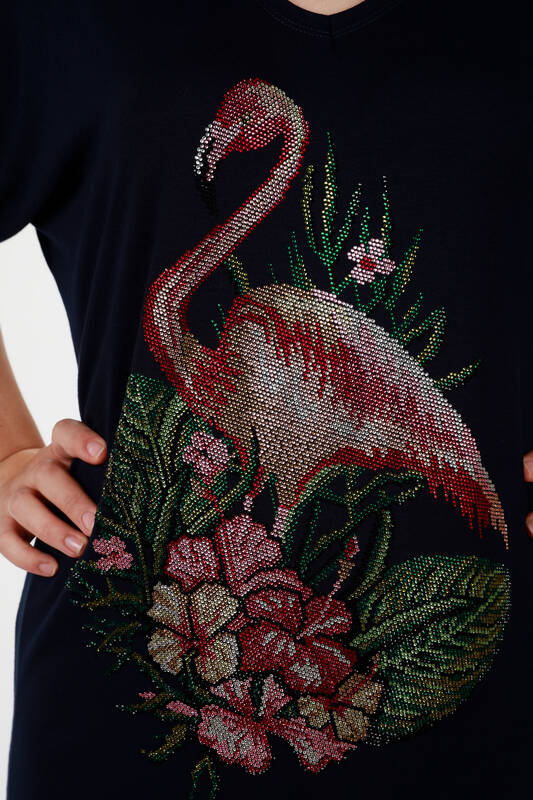 Toptan Bayan Bluz Flamingo Detaylı Taş Nakış İşlemeli - 78930 | KAZEE