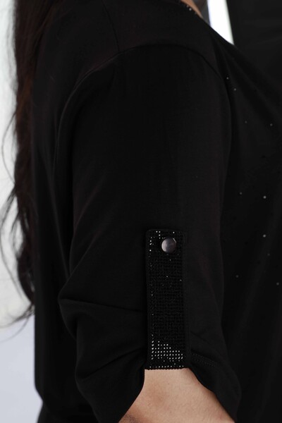 Toptan Bayan Bluz Kol Düğme Detaylı Taşlı - 78912 | KAZEE - Thumbnail