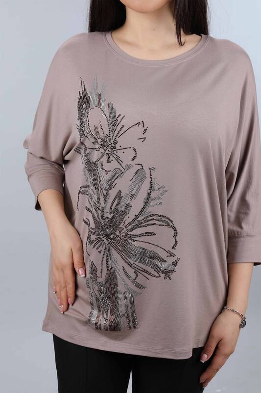 Toptan Bayan Bluz Kristal Taşlı Çiçek Desenli - 77881 | KAZEE