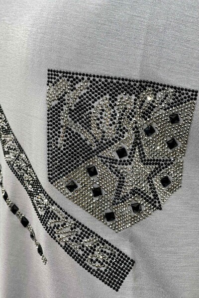 Toptan Bayan Bluz Kristal Taşlı Kazee Logolu Desenli - 77529 | KAZEE - Thumbnail