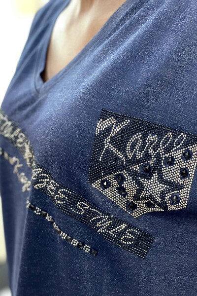 Toptan Bayan Bluz Kristal Taşlı Kazee Logolu Desenli - 77529 | KAZEE - Thumbnail