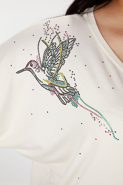 Toptan Bayan Bluz Kuş Desenli Taş Nakış İşlemeli - 78845 | KAZEE - Thumbnail