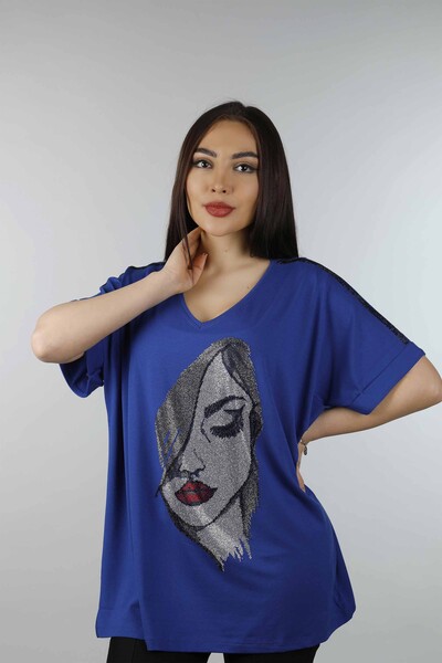 Toptan Bayan Bluz Taş Nakış İşlemeli Kadın Figürlü - 77702 | KAZEE - Thumbnail