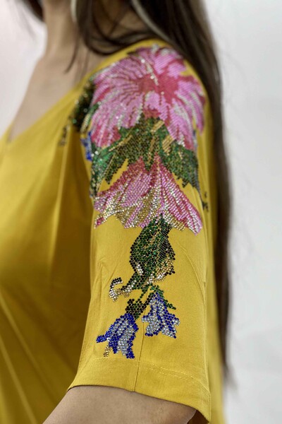 Toptan Bayan Bluz V Yaka Kolları Çiçek Desenli - 77437 | KAZEE - Thumbnail