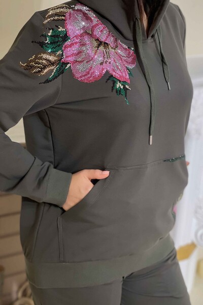 Toptan Bayan Eşofman Takımı Kapüşonlu Çiçek İşlemeli - 17299 | KAZEE - Thumbnail