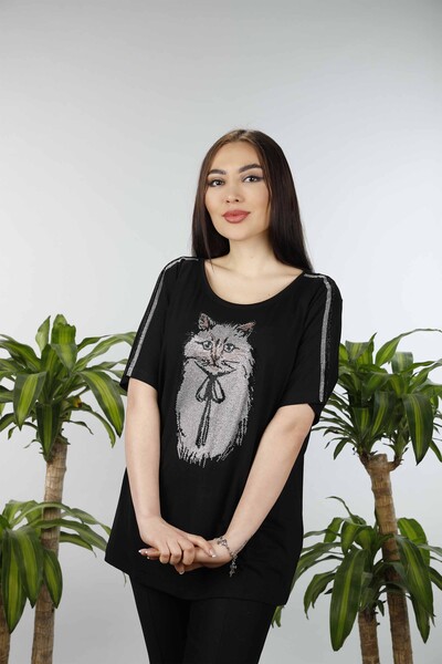 Kazee - Toptan Bayan Giyim Bluz Kedi Desenli Taş İşlemeli - 77537 | KAZEE 