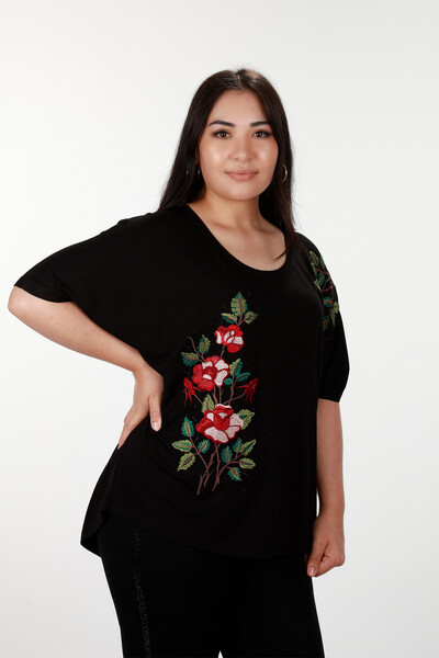 Toptan Bayan Giyim Bluz Nakış Gül ve Taş Desenli - 78875 | KAZEE - Thumbnail