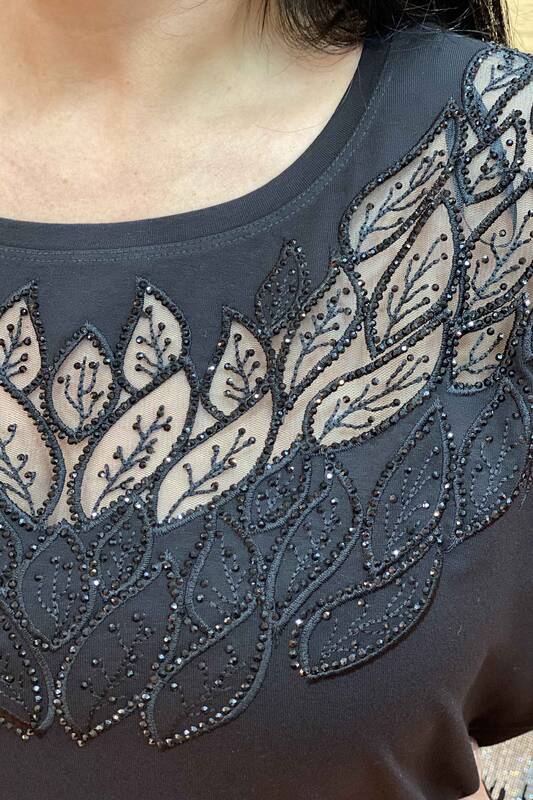 Toptan Bayan Giyim Yaprak Tasarımlı Taş İşlemeli Penye - 76898 | Kazee