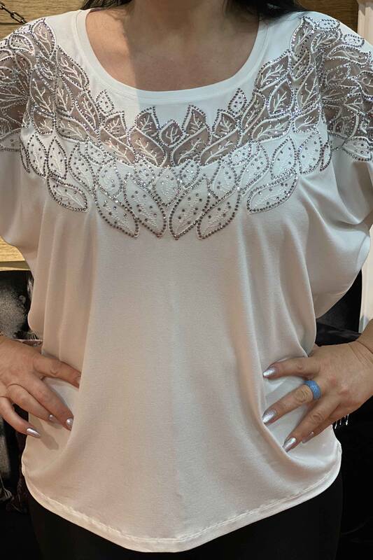 Toptan Bayan Giyim Yaprak Tasarımlı Taş İşlemeli Penye - 76898 | Kazee