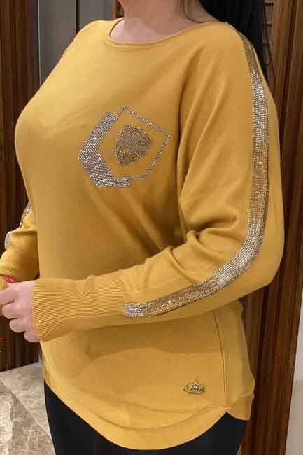 Toptan Bayan Giyim Yarasa Kol Taş İşlemeli Triko - 16191 | Kazee