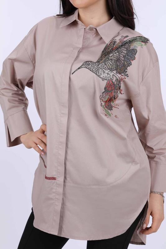 Toptan Bayan Gömlek Kuş Desenli Taş İşlemeli - 20025 | KAZEE