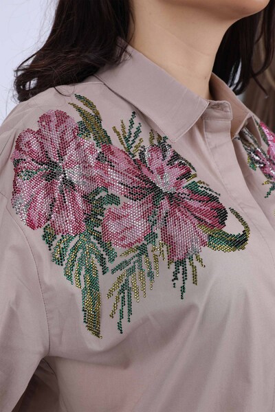 Toptan Bayan Gömlek Omzu Çiçek Detaylı Renkli Taşlı - 20024 | KAZEE - Thumbnail