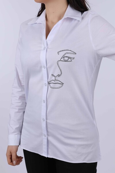 Toptan Bayan Gömlek Yüz Baskılı Taş Nakış İşlemeli - 20094 | KAZEE - Thumbnail
