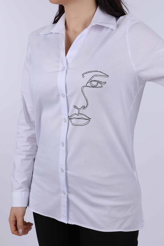 Toptan Bayan Gömlek Yüz Baskılı Taş Nakış İşlemeli - 20094 | KAZEE