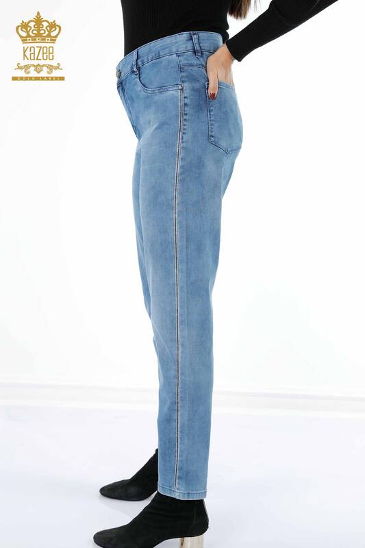 Toptan Bayan Kot Pantolon Cep Detaylı Şerit Kristal Taşlı - 3556 | KAZEE