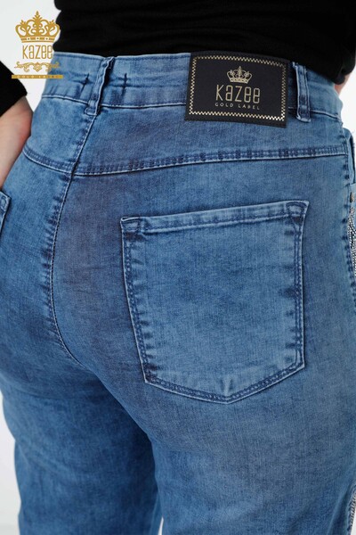 Toptan Bayan Kot Pantolon Cep Detaylı Şerit Kristal Taşlı - 3590 | KAZEE - Thumbnail