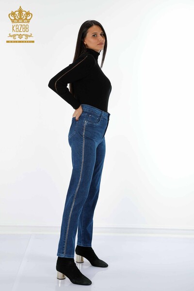 Kazee - Toptan Bayan Kot Pantolon Cep Detaylı Şerit Taş İşlemeli - 3571 | KAZEE