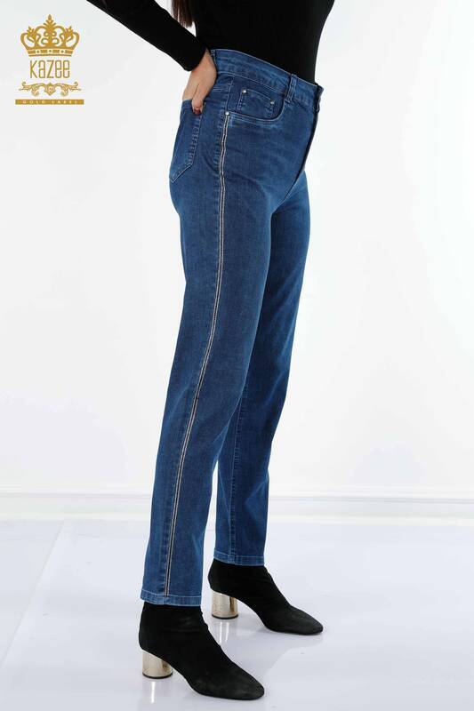 Toptan Bayan Kot Pantolon Cep Detaylı Şerit Taş İşlemeli - 3571 | KAZEE