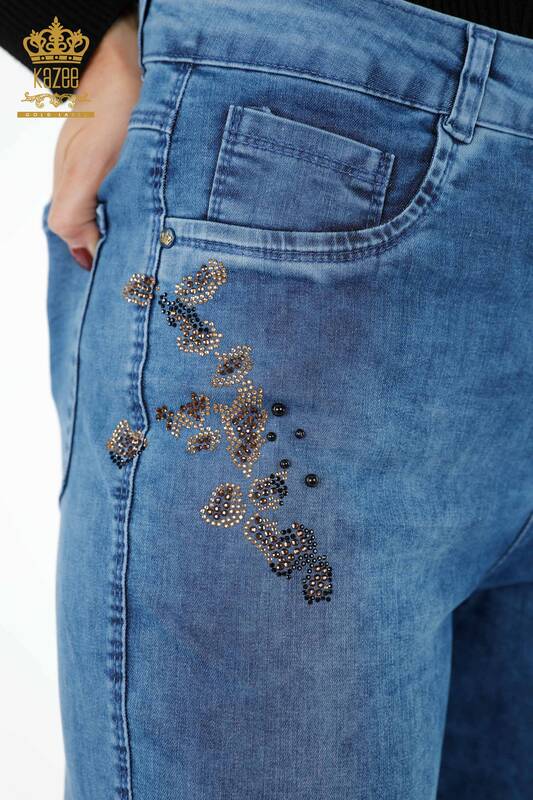 Toptan Bayan Kot Pantolon Renkli Kristal Taş İşlemeli Desenli - 3543 | KAZEE