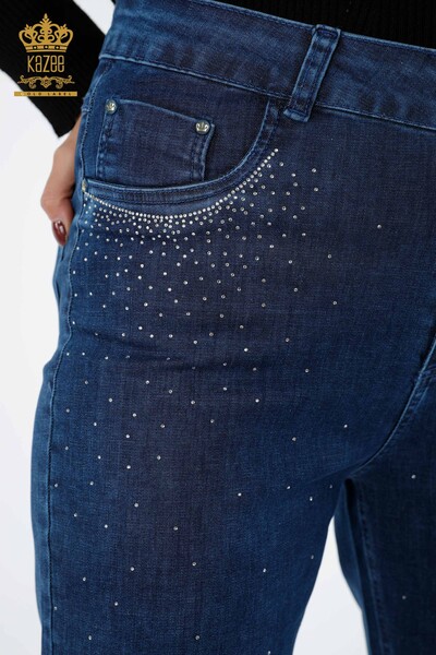 Toptan Bayan Kot Pantolon Renkli Kristal Taş İşlemeli Koton - 3588 | KAZEE - Thumbnail