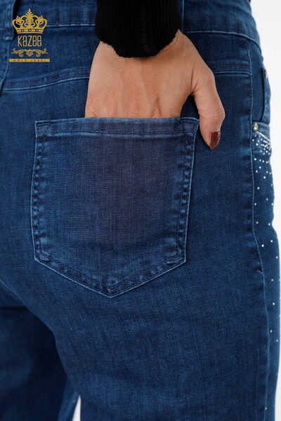 Toptan Bayan Kot Pantolon Renkli Kristal Taş İşlemeli Koton - 3588 | KAZEE - Thumbnail