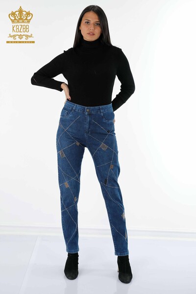 Kazee - Toptan Bayan Kot Pantolon Renkli Taş İşlemeli Cep Detaylı - 3552 | KAZEE