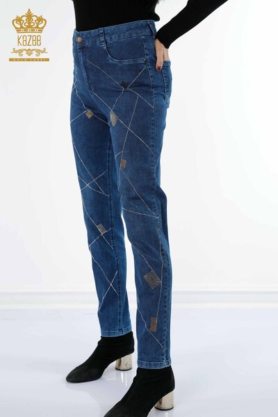 Kazee - Toptan Bayan Kot Pantolon Renkli Taş İşlemeli Cep Detaylı - 3552 | KAZEE (1)
