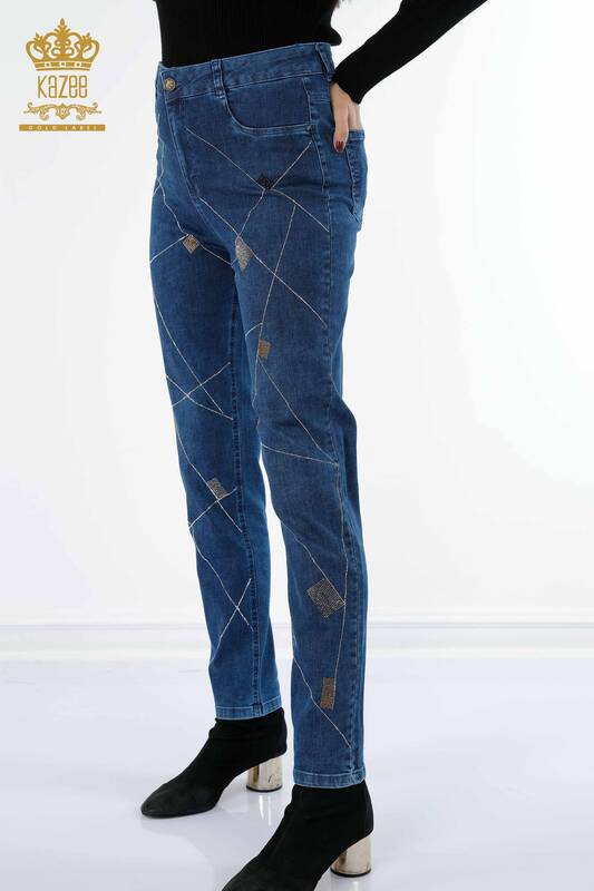Toptan Bayan Kot Pantolon Renkli Taş İşlemeli Cep Detaylı - 3552 | KAZEE