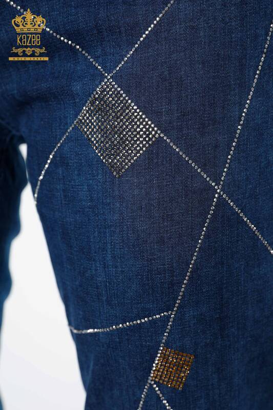 Toptan Bayan Kot Pantolon Şerit Çizgi Detaylı Kristal Taşlı - 3551 | KAZEE