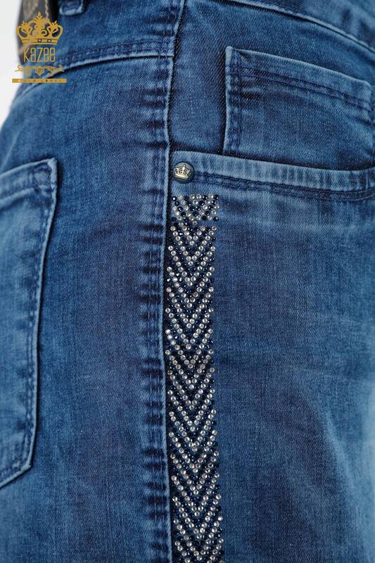 Toptan Bayan Kot Pantolon Şerit Kristal Taş İşlemeli Koton - 3557 | KAZEE
