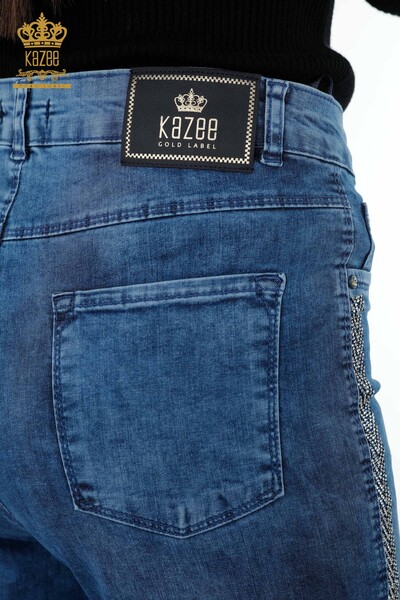 Toptan Bayan Kot Pantolon Şerit Kristal Taş İşlemeli Koton - 3557 | KAZEE - Thumbnail