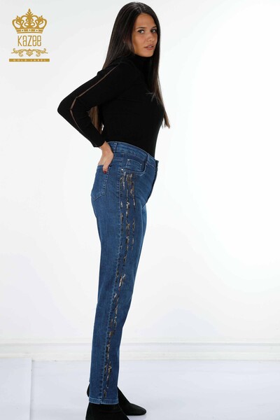 Kazee - Toptan Bayan Kot Pantolon Şerit Renkli Taş İşlemeli Cepli - 3544 | KAZEE