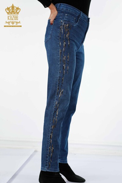 Kazee - Toptan Bayan Kot Pantolon Şerit Renkli Taş İşlemeli Cepli - 3544 | KAZEE (1)