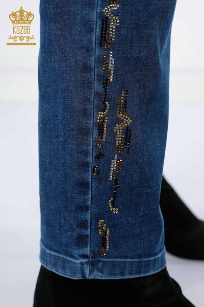 Toptan Bayan Kot Pantolon Şerit Renkli Taş İşlemeli Cepli - 3544 | KAZEE - Thumbnail (2)
