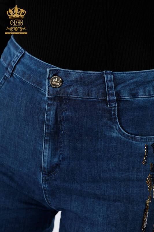 Toptan Bayan Kot Pantolon Şerit Renkli Taş İşlemeli Cepli - 3544 | KAZEE