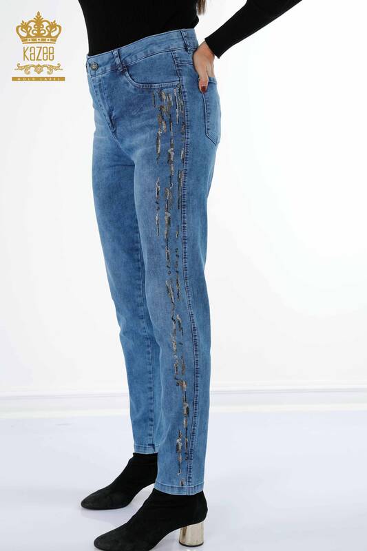 Toptan Bayan Kot Pantolon Şerit Renkli Taş İşlemeli Cepli - 3544 | KAZEE