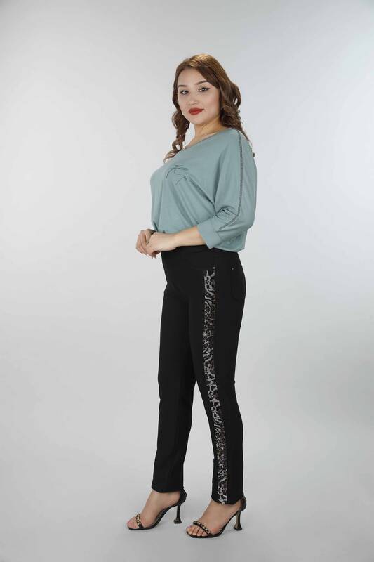 Toptan Kadın Pantolon Leopar Desenli Kristal Taşlı - 3391 | KAZEE