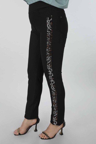 Toptan Kadın Pantolon Leopar Desenli Kristal Taşlı - 3391 | KAZEE - Thumbnail