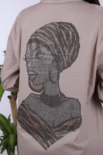 Toptan Bayan Gömlek Cepli Kristal Taşlı Kadın Figürlü - 20114 | KAZEE - Thumbnail
