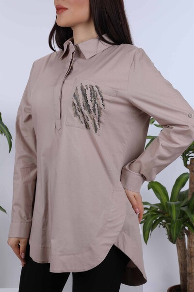 Toptan Bayan Gömlek Cepli Kristal Taşlı Kadın Figürlü - 20114 | KAZEE - Thumbnail