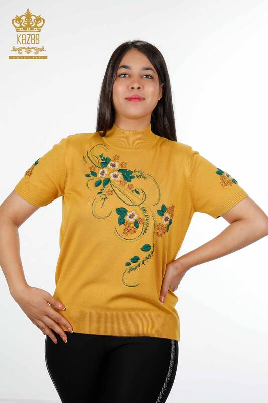 Toptan Bayan Triko Çiçek İşlemeli Dik Yaka Amerikan Model - 16811 | KAZEE